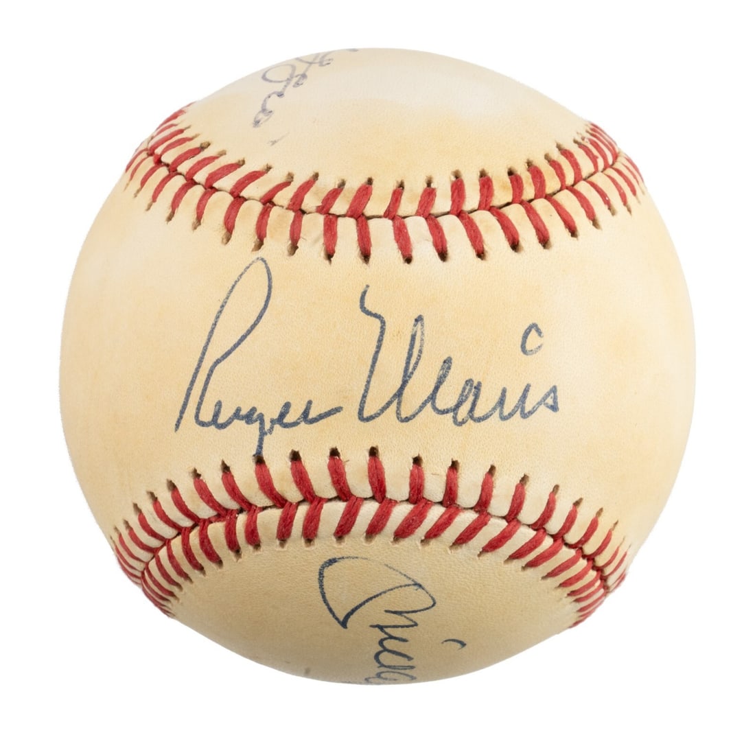 Roger Maris Mickey Mantle Joe DiMaggio Signed Baseball JSA COA Yankees: Roger Maris Mickey Mantle Joe DiMaggio Signed Baseball JSA COA Yankees This exceptional signed American League baseball showcases the autographs of three legendary New York Yankees players: Joe DiMagg