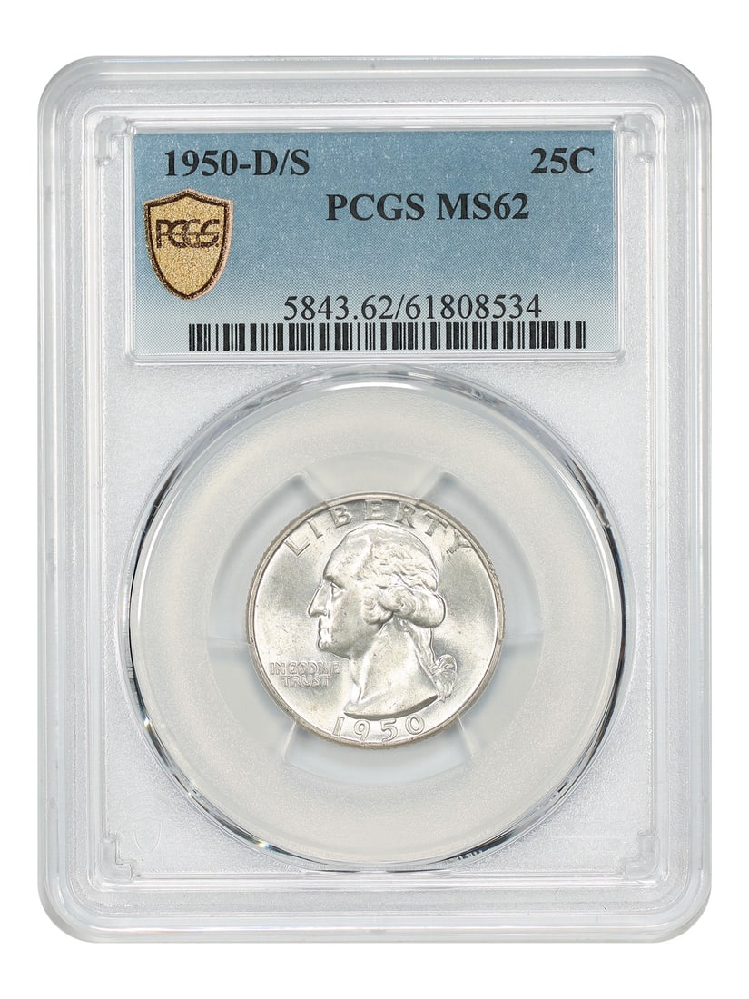 PCGS MS62 1950-D/S Washington Quarter Scarce Variety: PCGS MS62 1950-D/S Washington Quarter Scarce Variety This is a 1950-D/S Washington Quarter featuring the scarce over mintmark variety, where the underlying S is visible west and north of the D. Graded