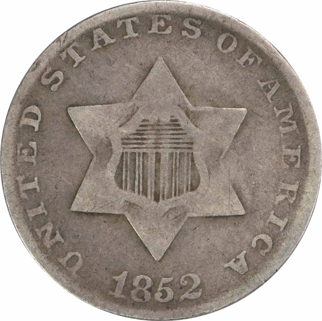1852 Three Cent Silver Coin F Grade Uncertified US Mint: 1852 Three Cent Silver Coin F Grade Uncertified US Mint This 1852 Three Cent Silver coin from the United States features a classic design by James Barton Longacre. The coin is made of 75% silver and 2
