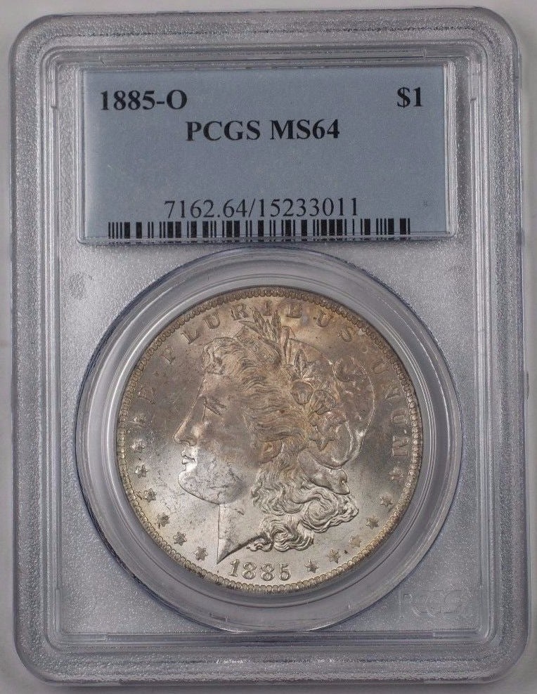 PCGS MS64 1885-O Morgan Silver Dollar New Orleans Mint: PCGS MS64 1885-O Morgan Silver Dollar New Orleans Mint This 1885-O Morgan Silver Dollar is a United States coin minted in New Orleans. It is composed of silver and has been certified by PCGS with a gr