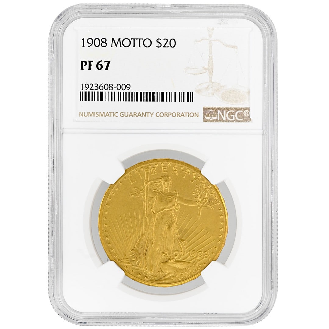 1908 Saint Gaudens $20 Motto NGC PF67 Matte: 1908 Saint Gaudens $20 Motto NGC PF67 Matte This 1908 $20 St. Gaudens gold coin features the "With Motto" design and is a rare collectible from the United States. Graded by NGC as PF67 Matte, this Typ