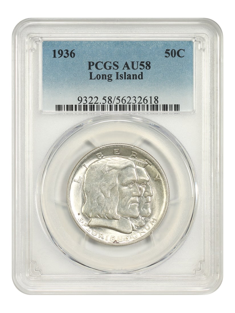 PCGS AU58 1936 Long Island 50C Silver Commemorative: PCGS AU58 1936 Long Island 50C Silver Commemorative This 1936 Long Island 50-cent silver commemorative coin was issued to mark the 300th anniversary of the first white settlement on Long Island by Dut