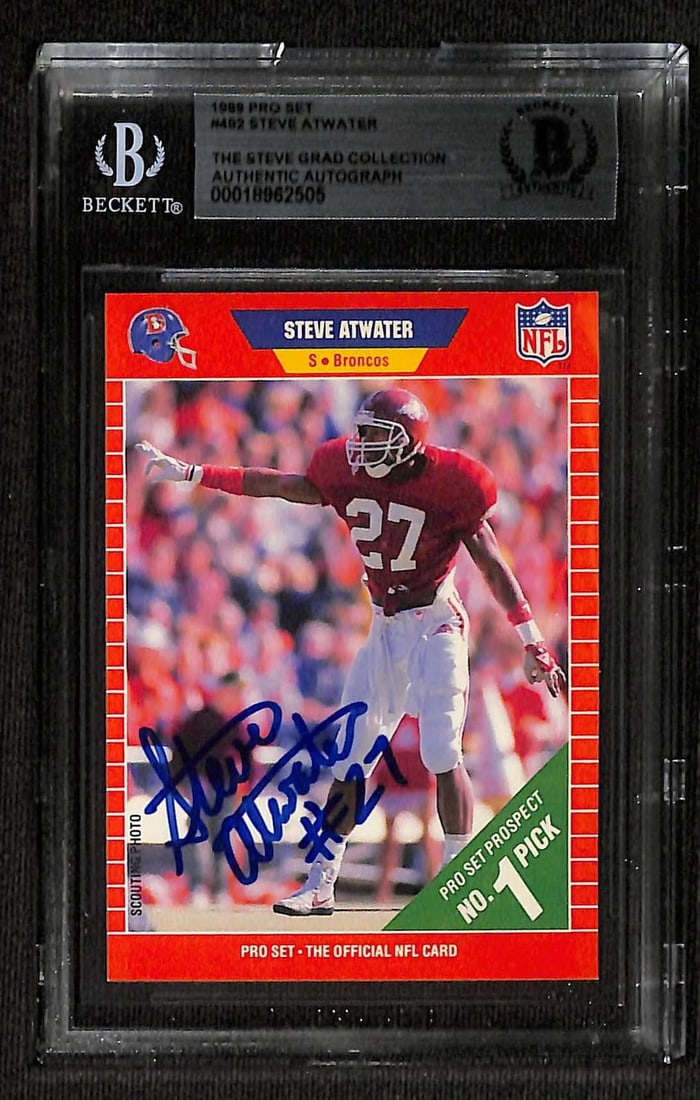 Beckett Authenticated Steve Atwater 1989 Pro Set Rookie Card: Beckett Authenticated Steve Atwater 1989 Pro Set Rookie Card This is an original 1989 Pro Set #462 football rookie card featuring Steve Atwater, hand-signed by Atwater in bold blue ink. The card is pr