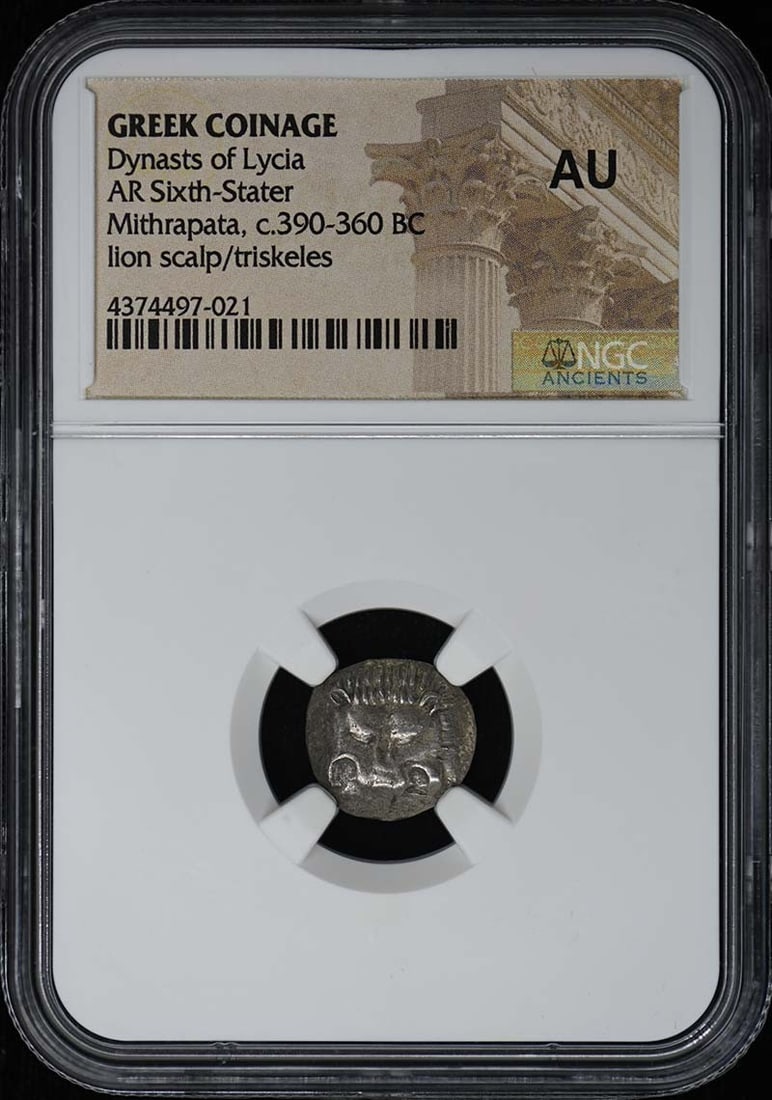 NGC AU Greek Sixth Stater Dynasts of Lycia AR Coinage: NGC AU Greek Sixth Stater Dynasts of Lycia AR Coinage This is an ancient Greek AR sixth-stater coin from the Dynasts of Lycia. The coin has been certified and graded AU (About Uncirculated) by NGC. It
