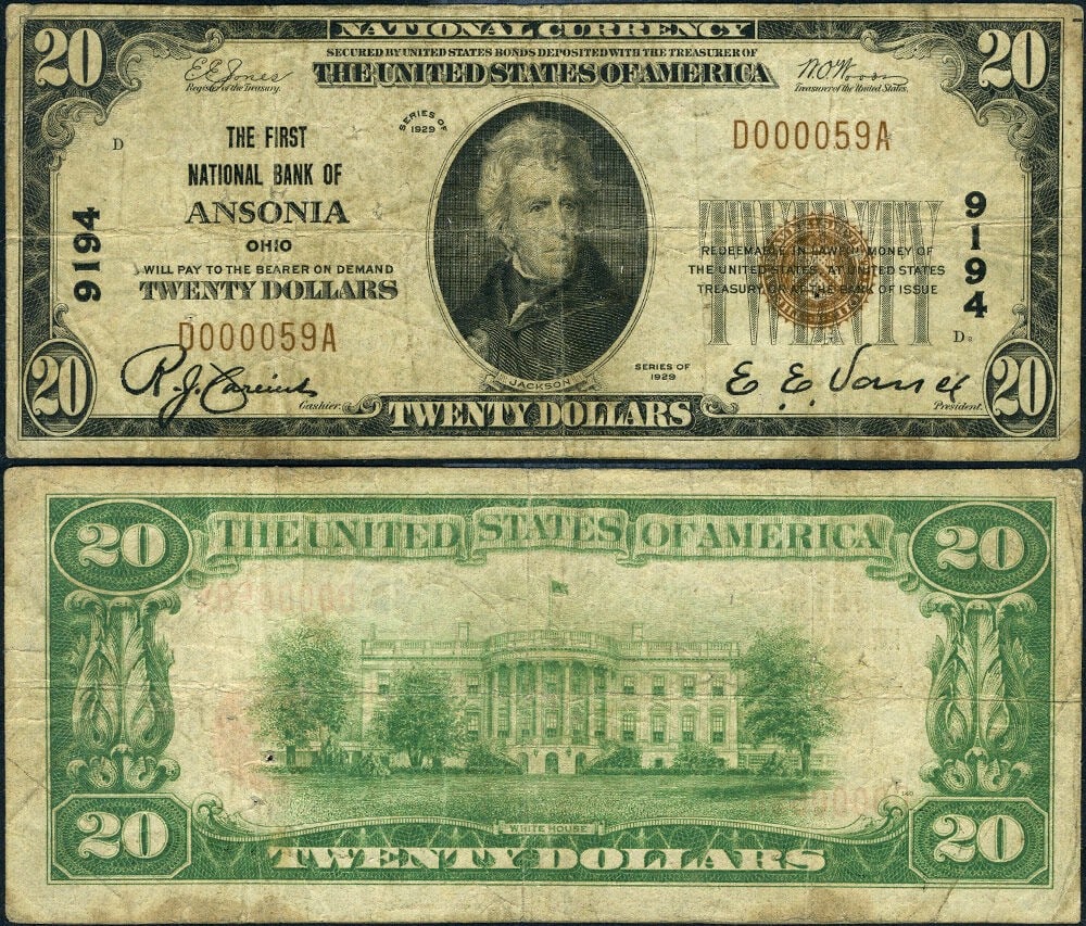 1929 T1 Ohio National Bank Note Ansonia $20 CH 9194 FNB (1 of 3)