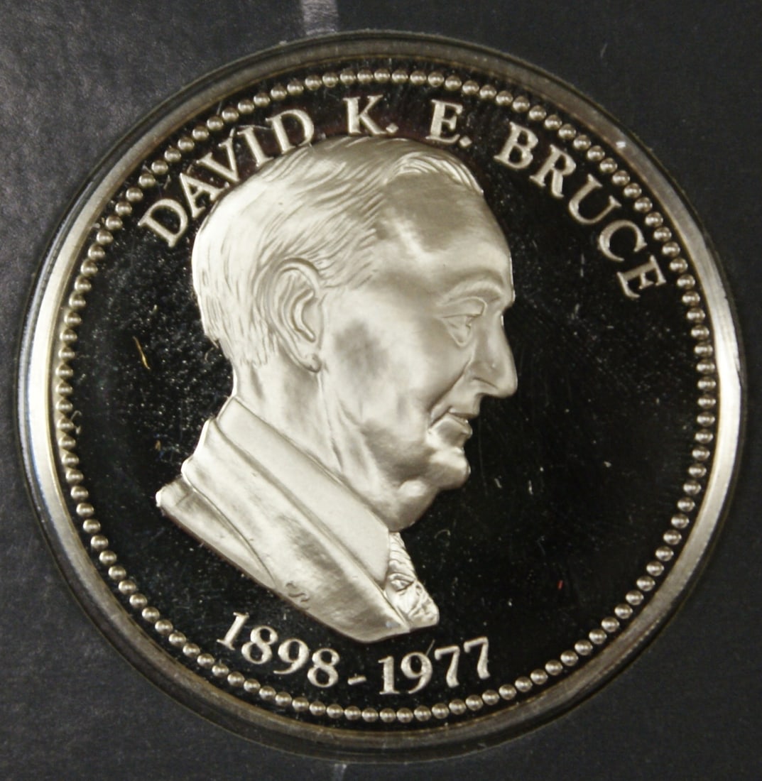 Proof Sterling Silver Medal David K.E. Bruce in Original Franklin Mint Card: Proof Sterling Silver Medal David K.E. Bruce in Original Franklin Mint Card This is a David K.E. Bruce proof medal crafted in sterling silver, presented in its original Franklin Mint card. The medal w