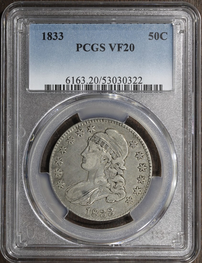 1833 PCGS VF20 Capped Bust Half Dollar Silver: 1833 PCGS VF20 Capped Bust Half Dollar Silver This 1833 Capped Bust Half Dollar features the classic Capped Bust design and was minted in Philadelphia. Composed of 90% silver, this coin represents a p