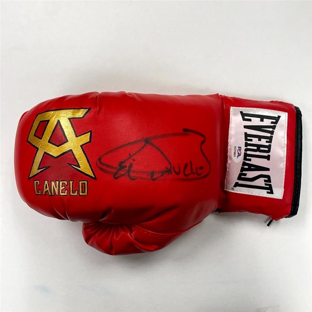 Saul Canelo Alvarez Signed Everlast Boxing Glove PSA Authenticated: Saul Canelo Alvarez Signed Everlast Boxing Glove PSA Authenticated This is a signed, custom hand-painted Everlast boxing glove featuring the autograph of renowned boxer Saul "Canelo" Alvarez. The glov