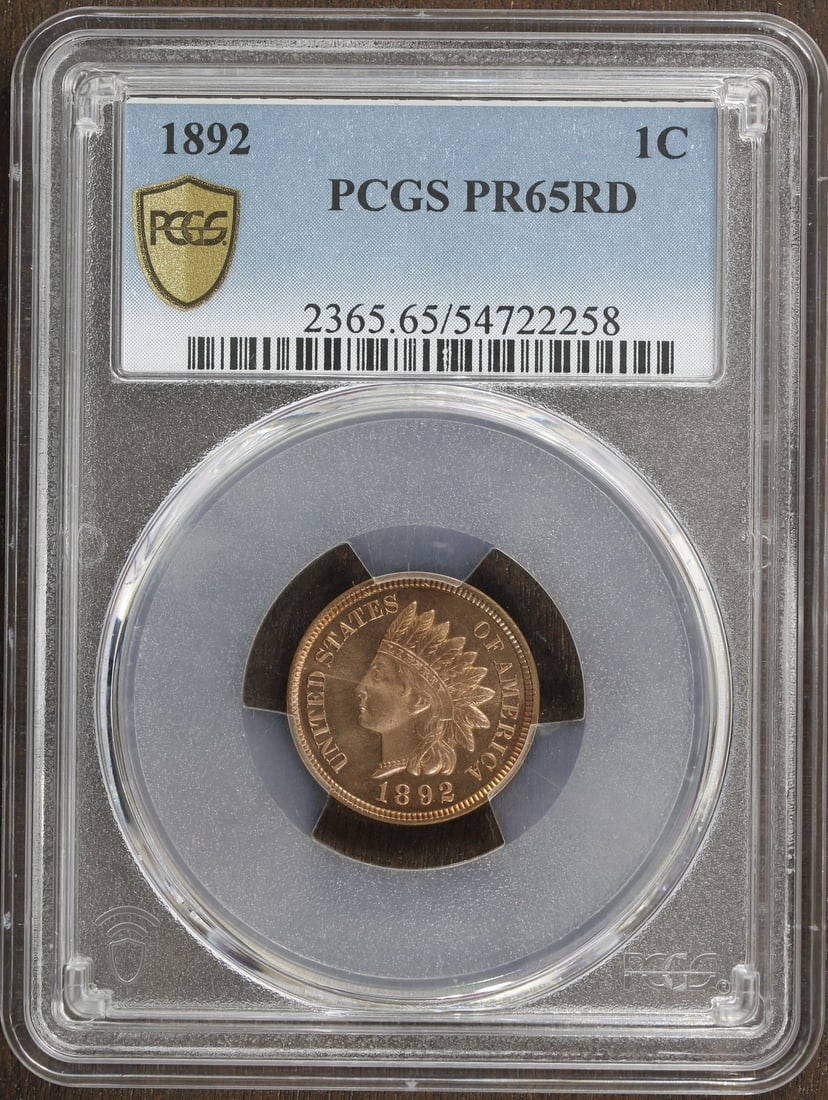 PCGS Proof 1892 Indian Head Copper Bronze Small Cent PR65RD: PCGS Proof 1892 Indian Head Copper Bronze Small Cent PR65RD This 1892 Indian Head Cent is a proof strike featuring a rich red (RD) coloration. Composed of copper with a fineness of 0.95, this small ce