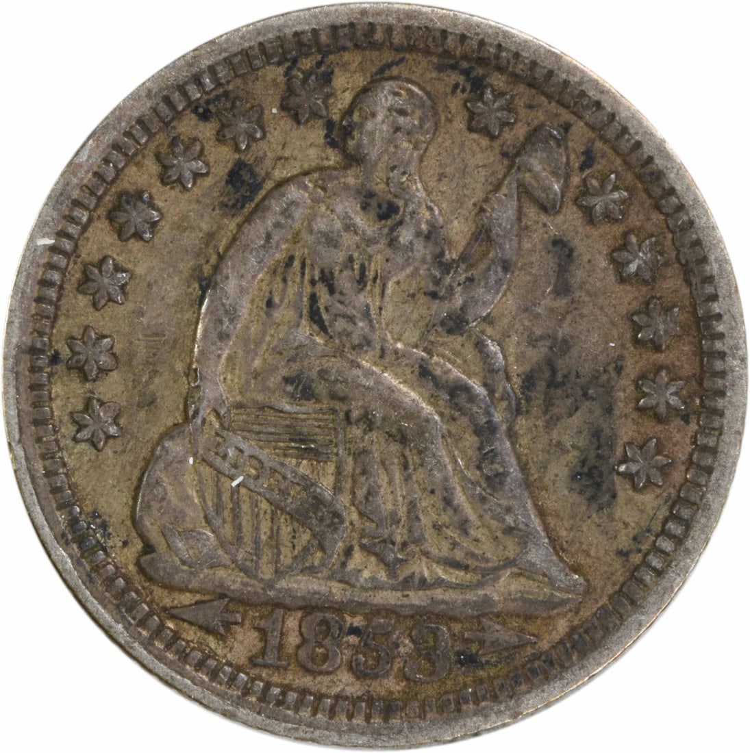 1853 Liberty Seated Half Dime 90% Silver Uncertified EF: 1853 Liberty Seated Half Dime 90% Silver Uncertified EF This 1853 Liberty Seated Silver Half Dime features a classic design by Christian Gobrecht and showcases the beauty of U.S. coinage from the mid-