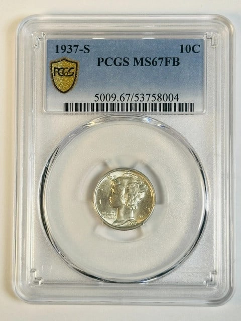PCGS MS-67 FB 1937 S Mercury Silver Dime: PCGS MS-67 FB 1937 S Mercury Silver Dime This 1937 Mercury Dime is composed of silver and was minted in San Francisco. The coin is graded MS 67 by PCGS, indicating its uncirculated condition. It featu