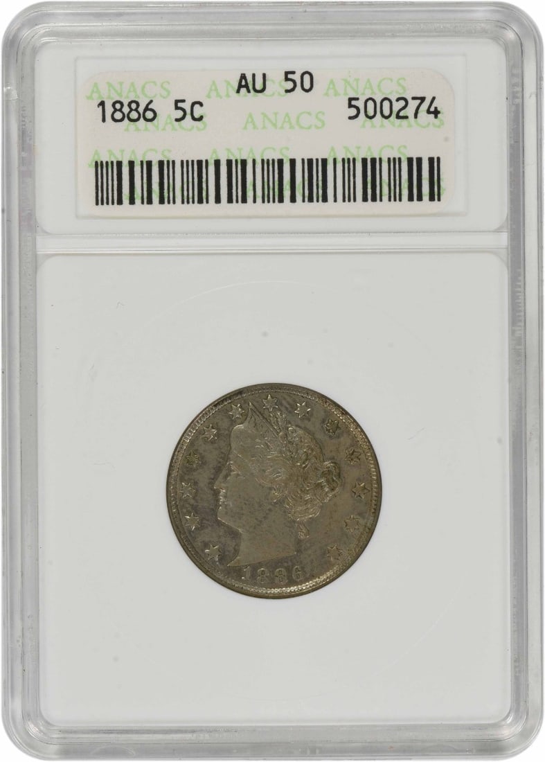 ANACS AU50 Certified 1886 Liberty Nickel Five Cent Coin: ANACS AU50 Certified 1886 Liberty Nickel Five Cent Coin This is an 1886 Liberty Nickel graded AU50 by ANACS. Struck at the Philadelphia Mint, this circulated coin features the classic Liberty design b