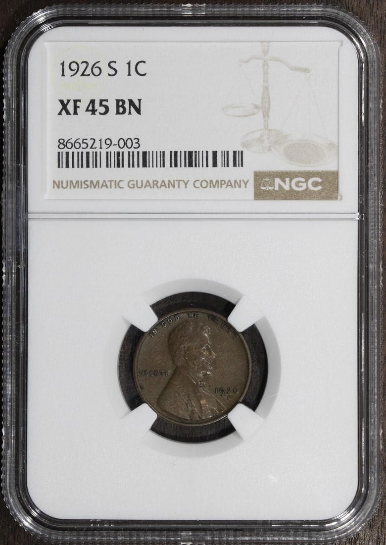 1926-S Lincoln Wheat Cent NGC XF45 BN Much Better Date: 1926-S Lincoln Wheat Cent NGC XF45 BN Much Better Date This 1926-S Lincoln Wheat Cent is graded XF45 BN by NGC. Struck in San Francisco, this small cent features a copper composition with a brown (BN)