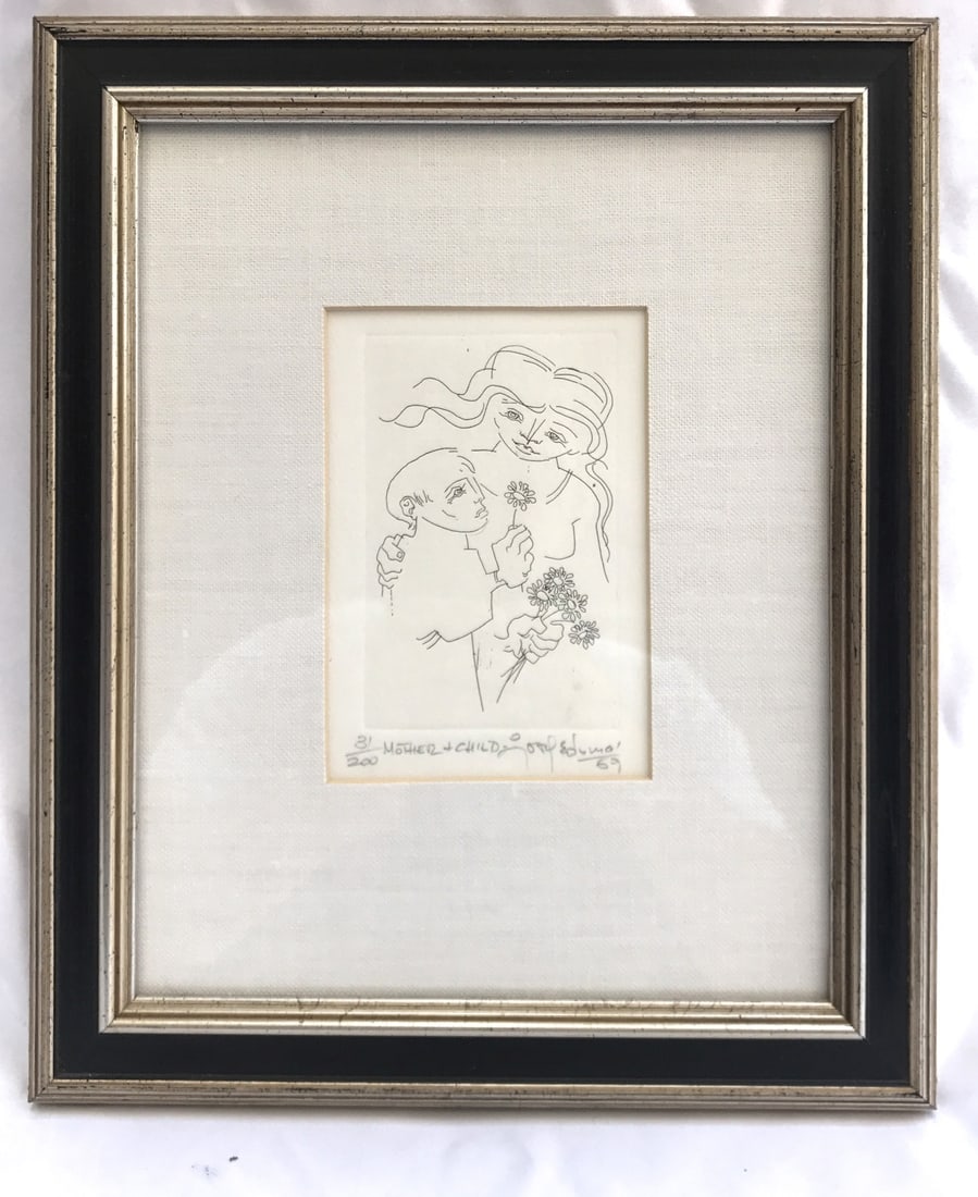 Signed Dated Etching of Mother and Child in Elegant Frame: Signed Dated Etching of Mother and Child in Elegant Frame Experience the warmth of motherhood with this exquisite etching depicting a mother and child. This artwork showcases exceptional detail and a 