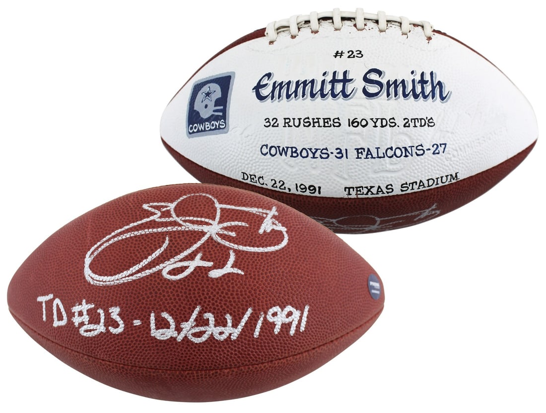 Emmitt Smith signed game-used Wilson football BAS COA inscription TD #23 12 22 1991 (1 of 6)