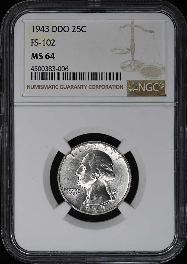 NGC MS64 1943 Philadelphia Washington Quarter DDO FS-102 25C: NGC MS64 1943 Philadelphia Washington Quarter DDO FS-102 25C This is a 1943 Washington Quarter featuring the Doubled Die Obverse (FS-102) variety. Graded MS64 by NGC, this uncirculated coin originates