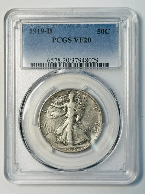 PCGS VF-20 1919-D Walking Liberty Half Dollar Silver: PCGS VF-20 1919-D Walking Liberty Half Dollar Silver This 1919 D Walking Liberty Half Dollar is a circulated silver coin graded VF 20 by PCGS. Minted in Denver, it represents a rare date for collector