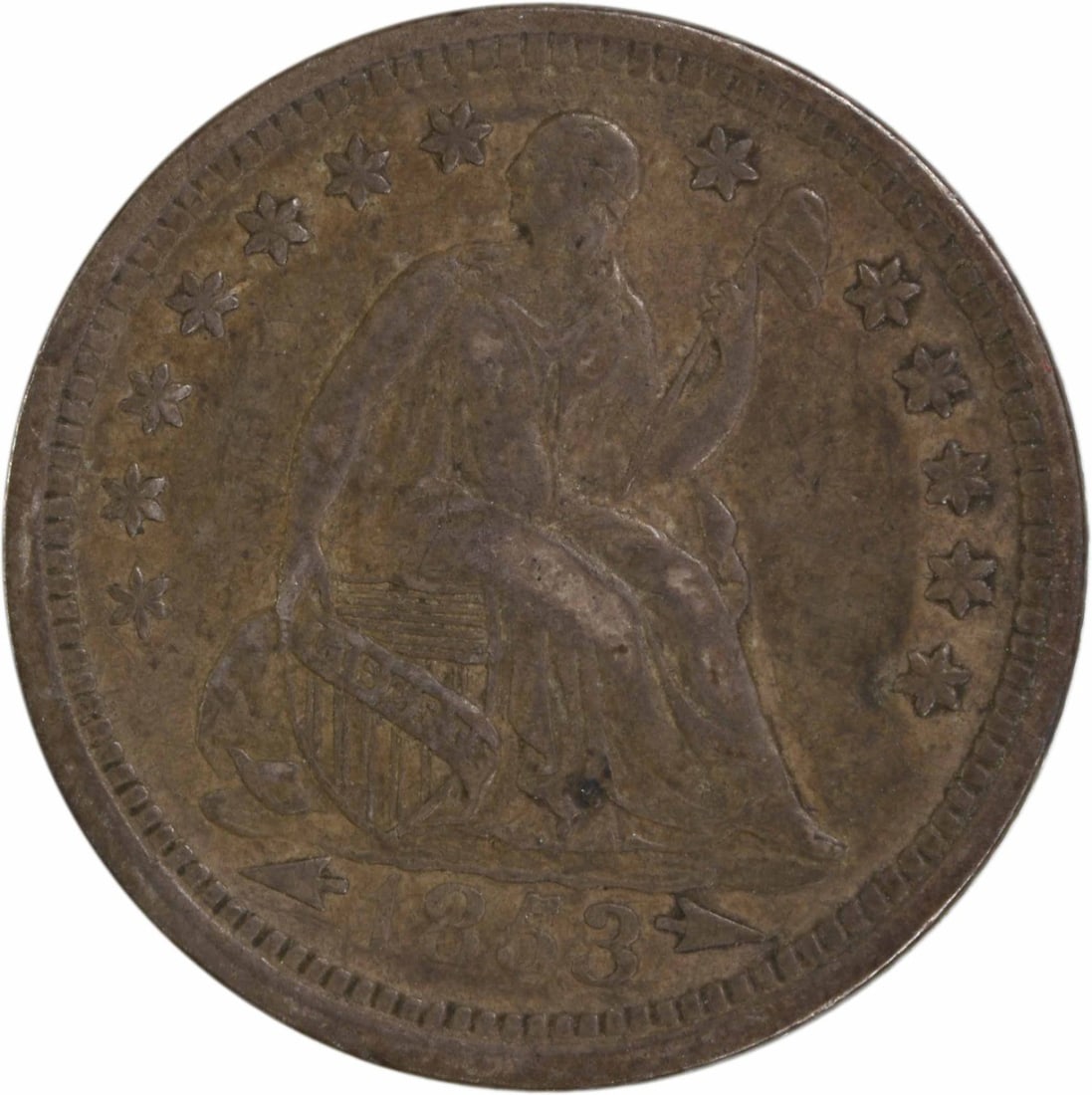 1853 Liberty Seated Half Dime Silver 90% EF Uncertified: 1853 Liberty Seated Half Dime Silver 90% EF Uncertified This 1853 Liberty Seated Silver Half Dime features an intricate design by Christian Gobrecht, representing a significant piece of American coina
