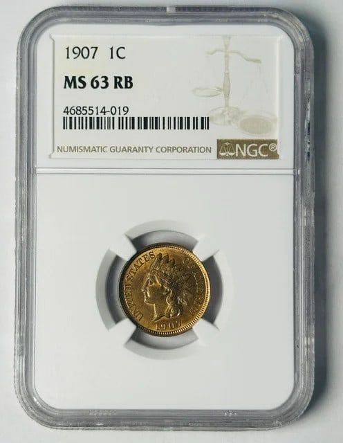 1907 Indian Head Cent NGC MS-63 RB Copper: 1907 Indian Head Cent NGC MS-63 RB Copper This 1907 Indian Head Small Cent is graded MS-63 RB by NGC, indicating a Mint State coin with red and brown coloration. Composed of copper, this pre-owned cen
