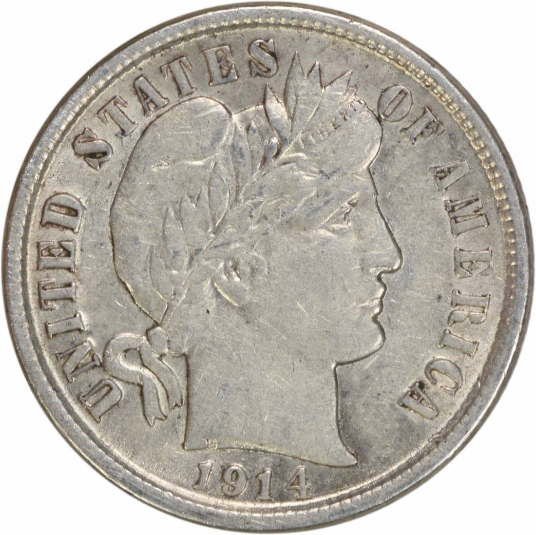 1914-D Barber Silver Dime AU Uncertified 10C Coin: 1914-D Barber Silver Dime AU Uncertified 10C Coin This 1914-D Barber Silver Dime showcases a rich history from the United States, featuring a beautiful design by Charles E. Barber. The coin is in AU (