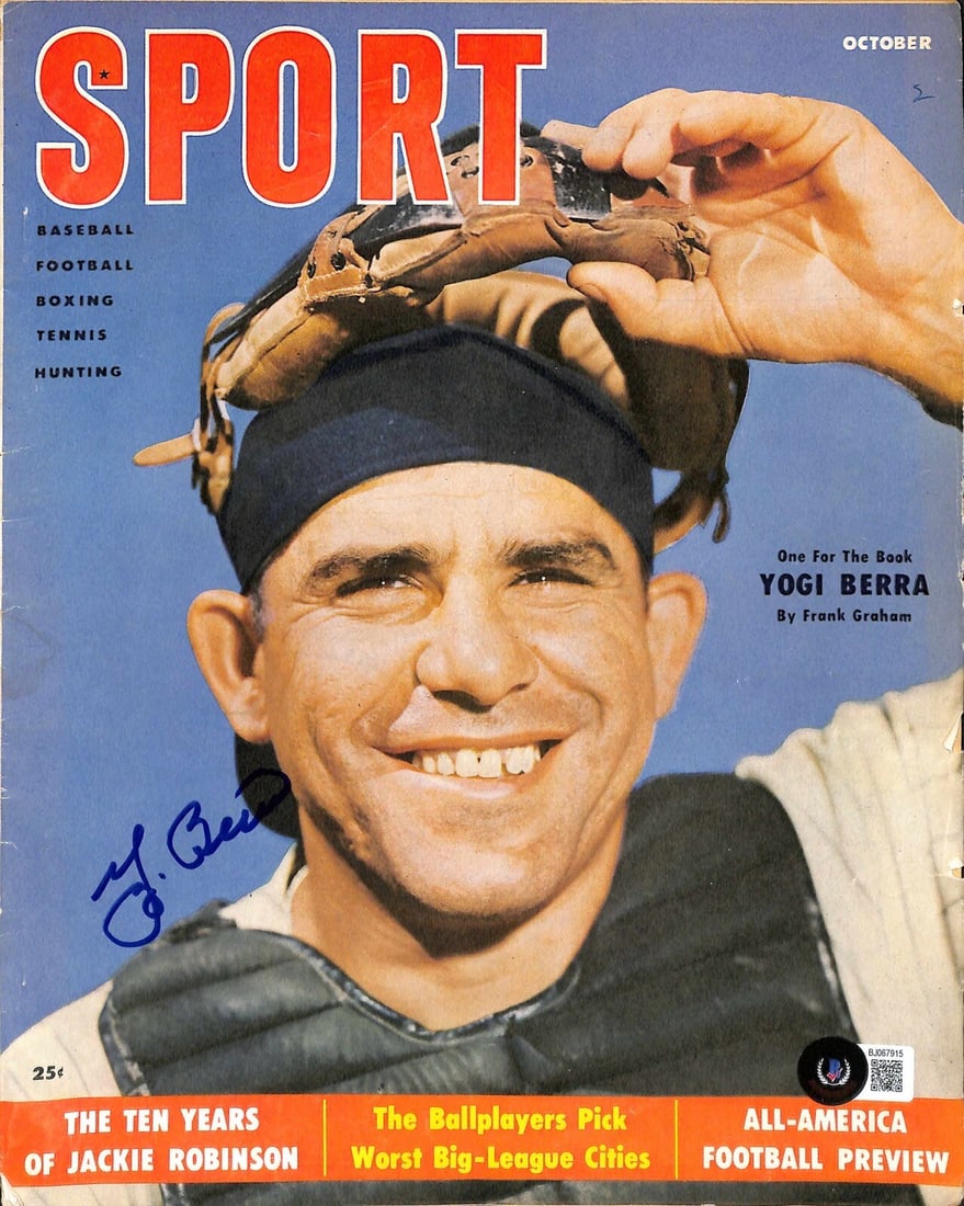 Sport Magazine October 1955 Yogi Berra Autographed Yankees Issue Beckett Authenticated: Sport Magazine October 1955 Yogi Berra Autographed Yankees Issue Beckett Authenticated This is an original October 1955 issue of Sport magazine, signed by legendary New York Yankees catcher and Baseba