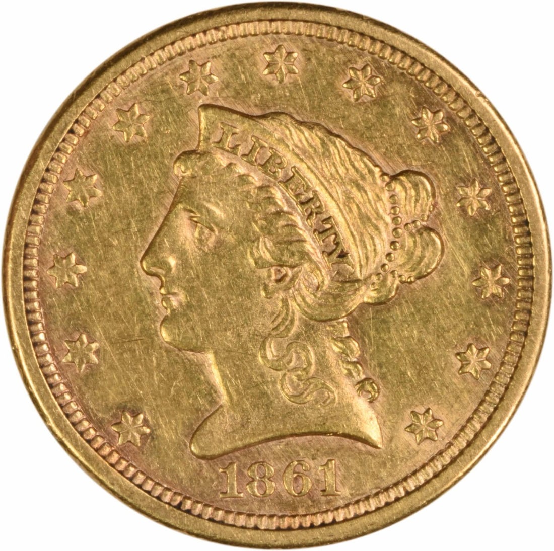 1861 Liberty Head Gold $2.50 Coin AU Uncertified Philadelphia Mint: 1861 Liberty Head Gold $2.50 Coin AU Uncertified Philadelphia Mint This 1861 $2.50 Gold Liberty Head Type 2 coin features a design by Christian Gobrecht and was minted in Philadelphia. It is composed 
