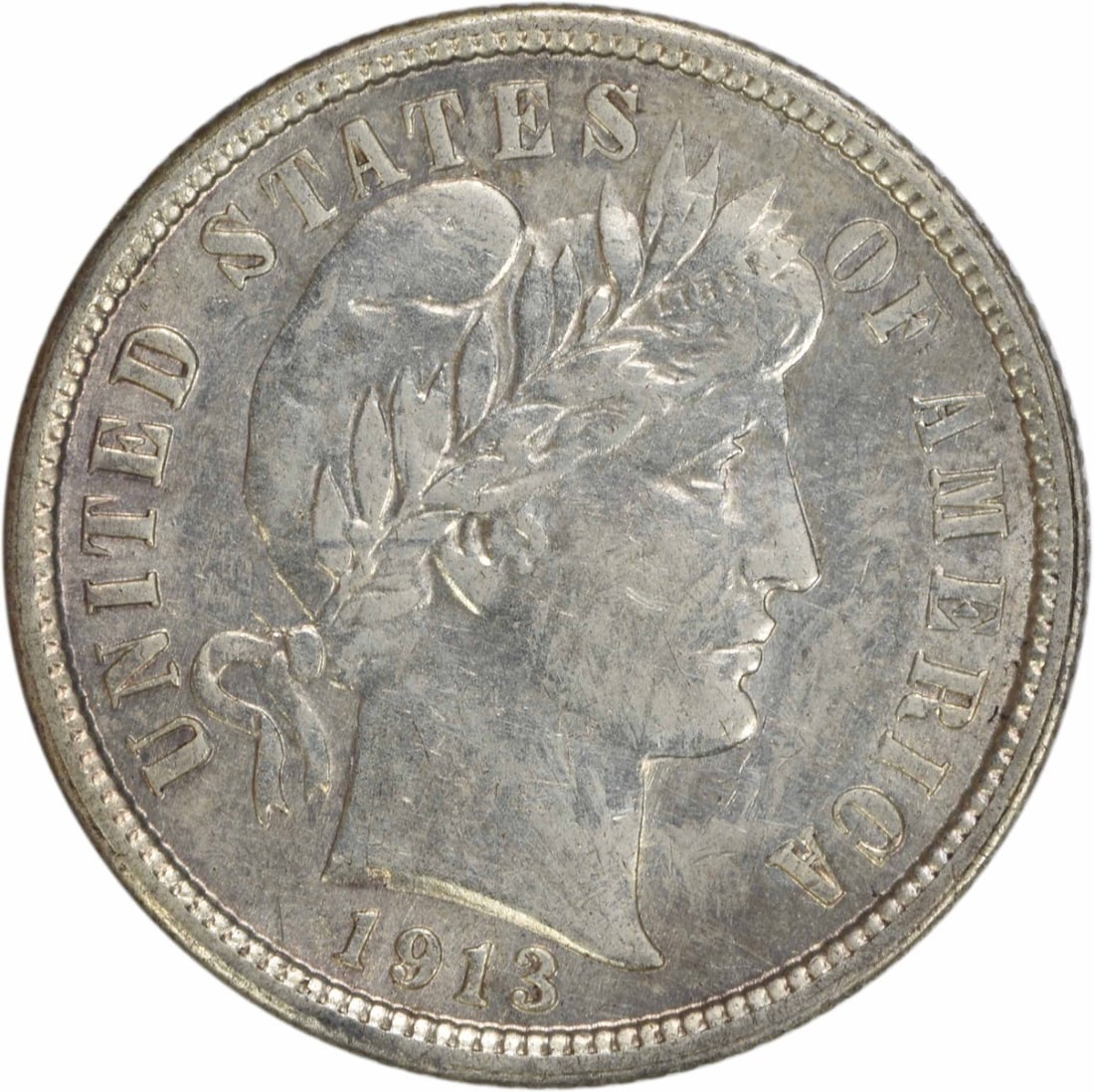 1913 Barber Silver Dime AU Uncertified 90% Silver 10C: 1913 Barber Silver Dime AU Uncertified 90% Silver 10C This 1913 Barber Silver Dime is a remarkable piece of numismatic history, originating from the United States. It features the classic Barber desig