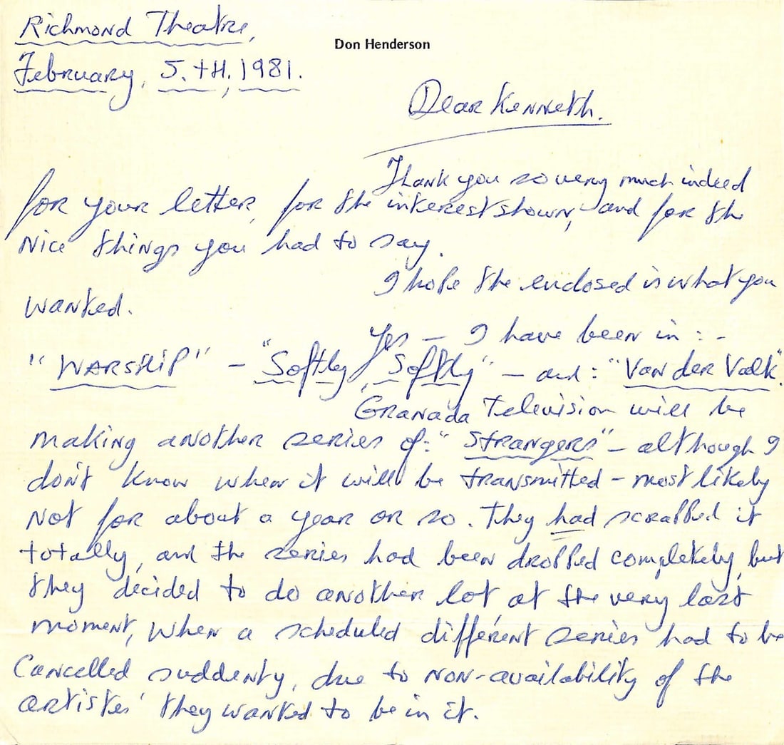 Don Henderson Signed RARE 2-Page Star Wars Handwritten Letter Beckett Authenticated: Don Henderson Signed RARE 2-Page Star Wars Handwritten Letter Beckett Authenticated Discover a rare two-page handwritten letter signed by Don Henderson, renowned for his role as General Tagge in Star 