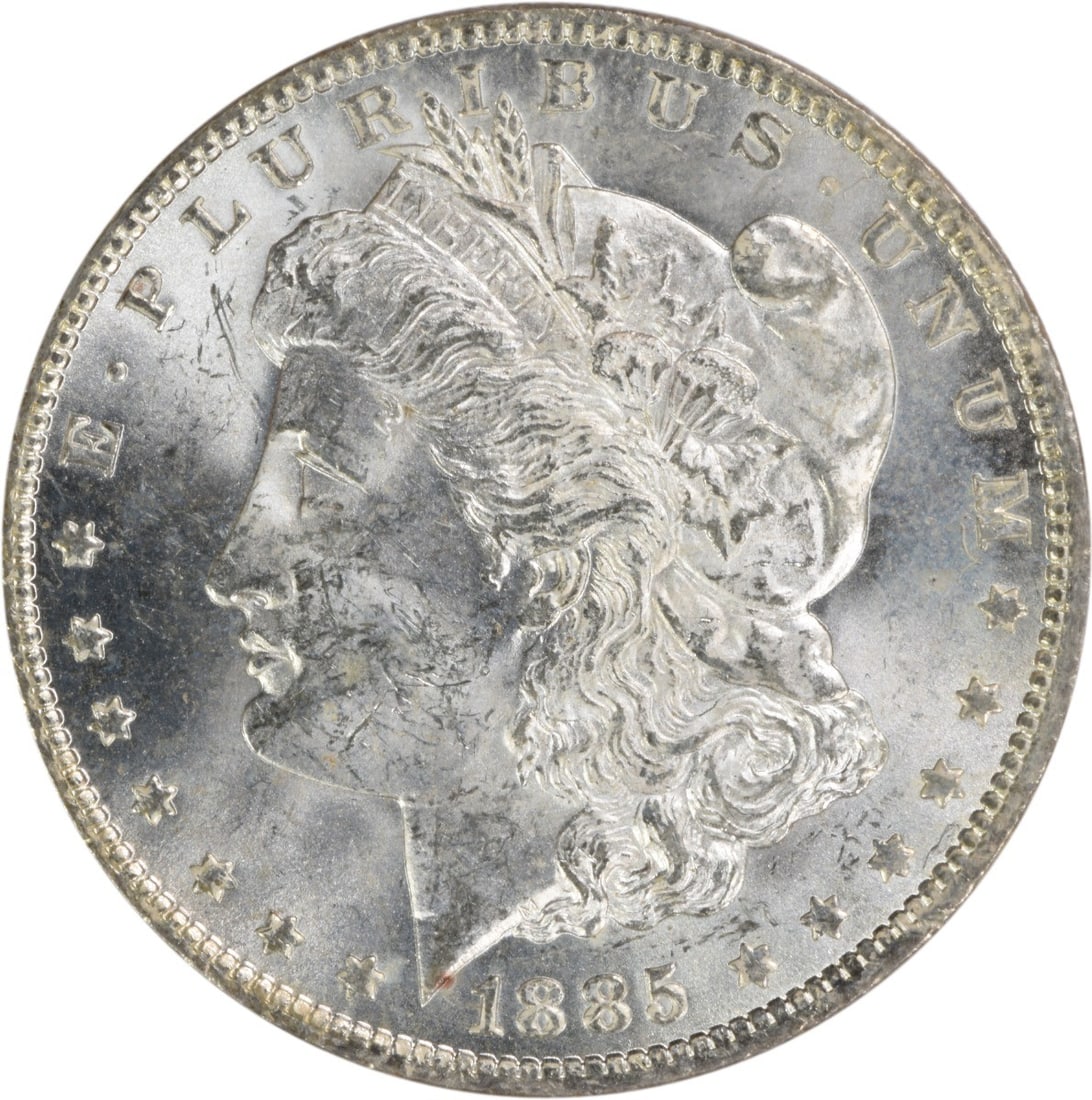Uncirculated 1885 O Morgan Dollar Silver Coin BU Grade Uncertified: Uncirculated 1885 O Morgan Dollar Silver Coin BU Grade Uncertified This 1885-O Morgan Silver Dollar is an uncirculated coin from the New Orleans Mint, featuring brilliant uncirculated (BU) grade and c