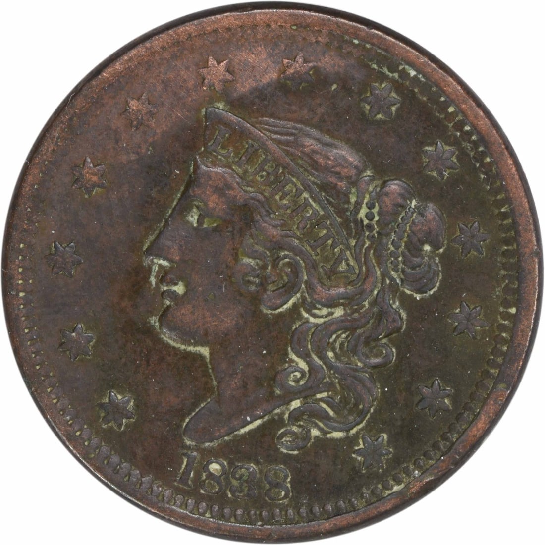 1838 Coronet Head Large Cent VF Uncertified Philadelphia Mint: 1838 Coronet Head Large Cent VF Uncertified Philadelphia Mint This 1838 Large Cent features a Coronet Head design and is classified as Very Fine (VF) grade. Minted in Philadelphia, this coin showcases
