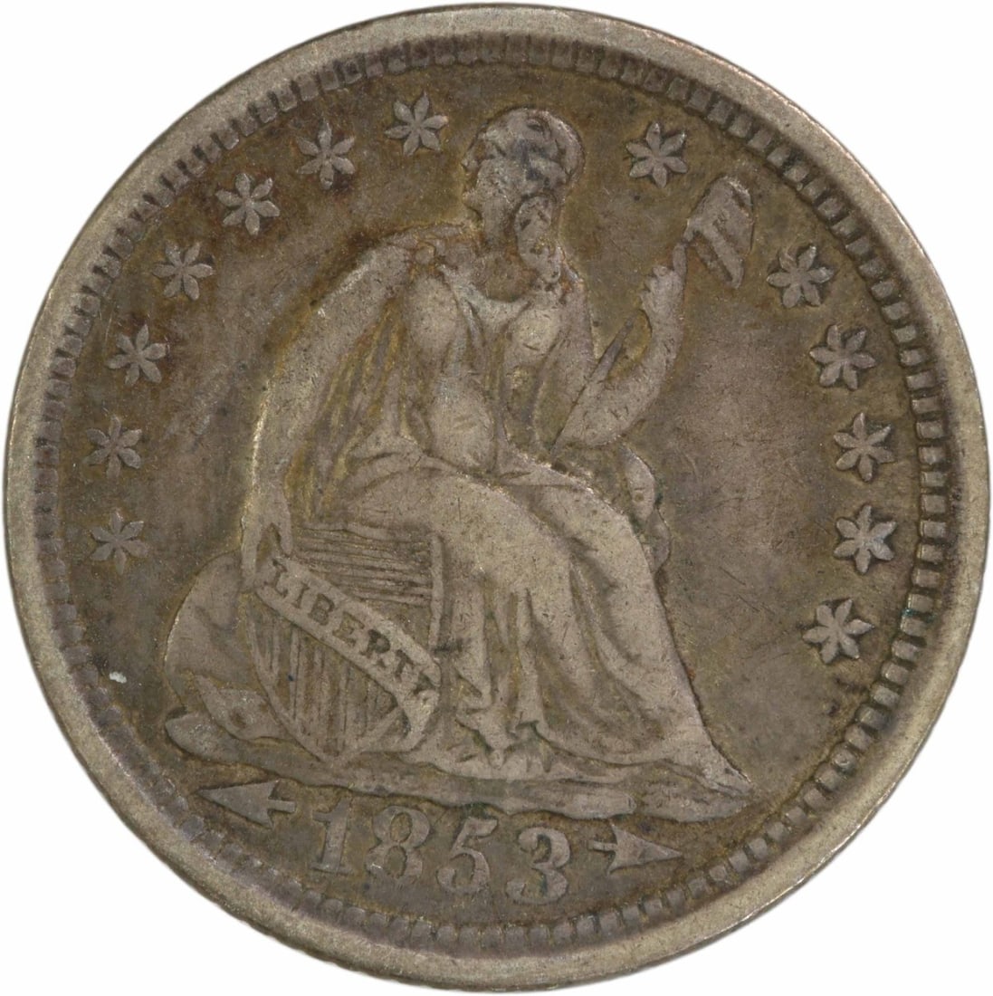 1853 Liberty Seated Half Dime 90% Silver Uncertified Coin: 1853 Liberty Seated Half Dime 90% Silver Uncertified Coin This 1853 Liberty Seated Silver Half Dime features an elegant design by Christian Gobrecht and is a notable piece for collectors. The coin is 