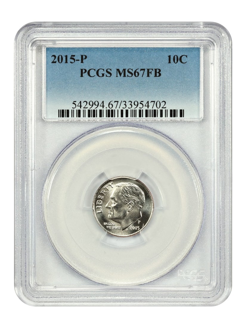 2015 Philadelphia Roosevelt Dime PCGS MS67FB Certified 10C Coin: 2015 Philadelphia Roosevelt Dime PCGS MS67FB Certified 10C Coin This is a 2015-P Roosevelt Dime graded MS67 Full Bands (FB) by PCGS. This uncirculated coin was minted in Philadelphia and belongs to th