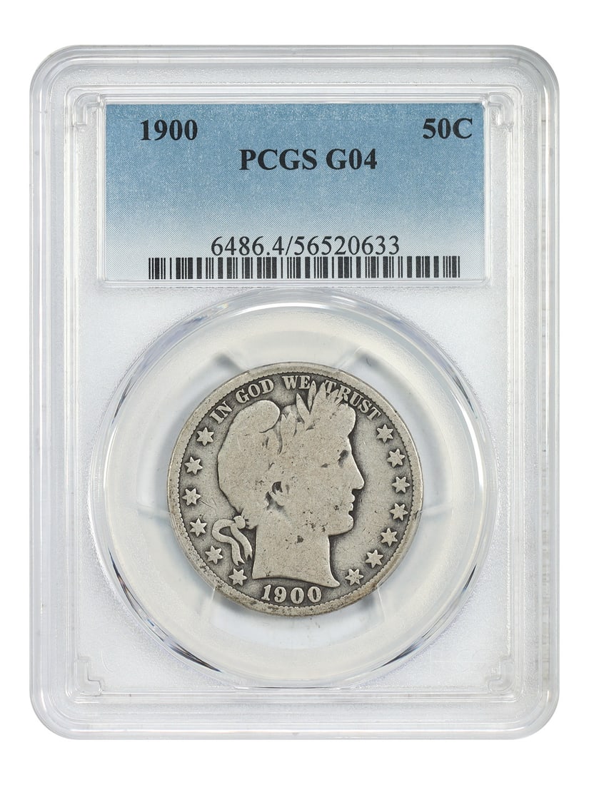 PCGS Graded 1900 Barber Half Dollar 50C Good 04 Philadelphia: PCGS Graded 1900 Barber Half Dollar 50C Good 04 Philadelphia This is a 1900 Barber Half Dollar graded Good 04 by PCGS. It is a circulated coin minted in Philadelphia and certified by PCGS. The denomin
