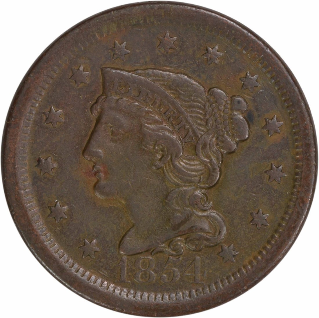 1854 Braided Hair Large Cent EF Copper Coin Uncertified: 1854 Braided Hair Large Cent EF Copper Coin Uncertified This 1854 Large Cent features the iconic Braided Hair design by Christian Gobrecht. Minted in Philadelphia, this coin is in an Extremely Fine (E