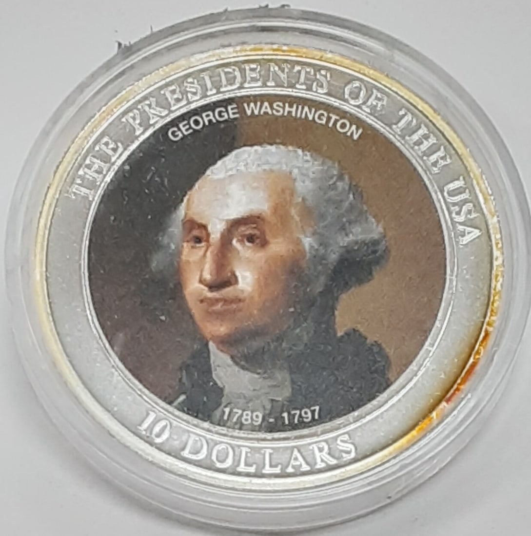 2006 Liberia $10 Silver Plated Washington Presidential Series 40MM Coin: 2006 Liberia $10 Silver Plated Washington Presidential Series 40MM Coin This 2006 Liberia $10 coin is part of the Presidents of the USA series by the American Mint and features a colorized portrait of