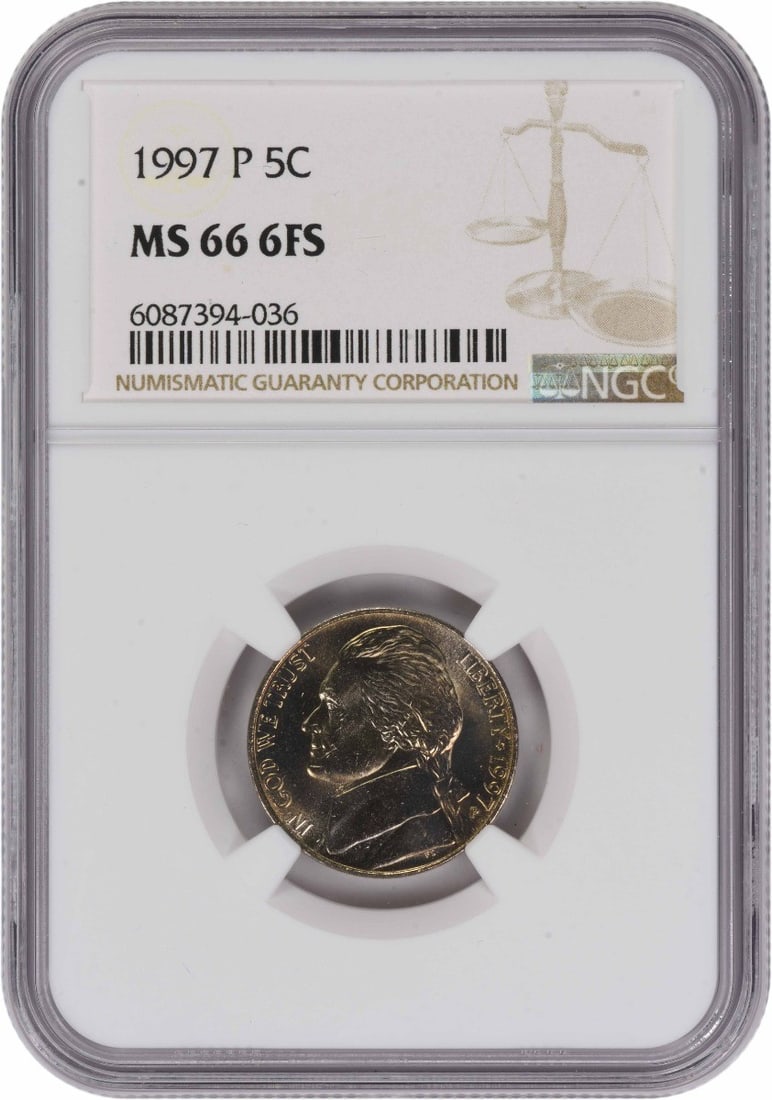 NGC Graded 1997 Philadelphia Jefferson Nickel MS66 With Six Full Steps: NGC Graded 1997 Philadelphia Jefferson Nickel MS66 With Six Full Steps This 1997-P Jefferson Nickel is graded MS66 by NGC and features 6 Full Steps. Struck at the Philadelphia Mint, the coin is compos