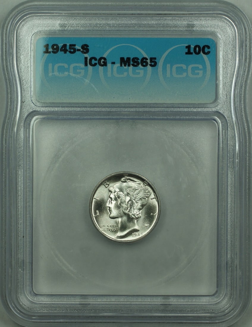 ICG MS-65 1945-S San Francisco Mercury Silver Dime 10 Cent Coin: ICG MS-65 1945-S San Francisco Mercury Silver Dime 10 Cent Coin This is a 1945-S Mercury Silver Dime with a denomination of 10 cents. The coin is composed of silver with a fineness of 0.9 and was mint