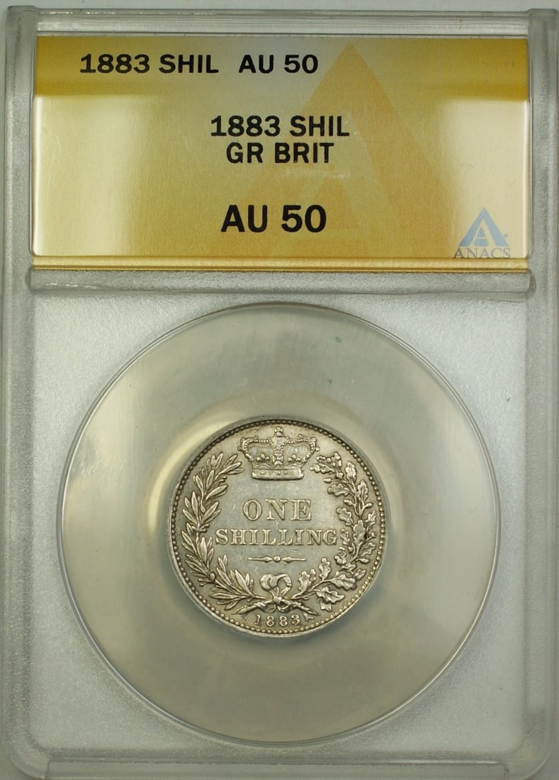 1883 UK Silver Shilling ANACS AU 50: 1883 UK Silver Shilling ANACS AU 50 This 1883 Great Britain 1 Shilling silver coin has been graded AU-50 by ANACS. Issued by the United Kingdom, the coin is composed of silver and is in circulated, pr
