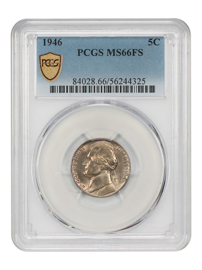 PCGS MS66FS 1946 Philadelphia Jefferson 5C Nickel: PCGS MS66FS 1946 Philadelphia Jefferson 5C Nickel This is a 1946 Jefferson Nickel graded MS66FS by PCGS. The coin is uncirculated and features the Full Steps (FS) designation, indicating strong detail
