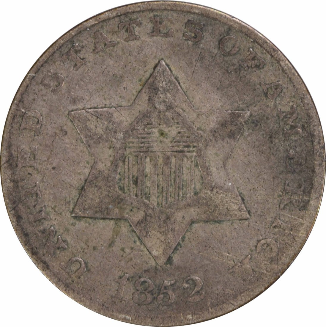 1852 Three Cent Silver Coin Uncertified Philadelphia Mint: 1852 Three Cent Silver Coin Uncertified Philadelphia Mint This 1852 Three Cent Silver coin features a denomination of three cents and showcases the artistry of designer James Barton Longacre. Minted i