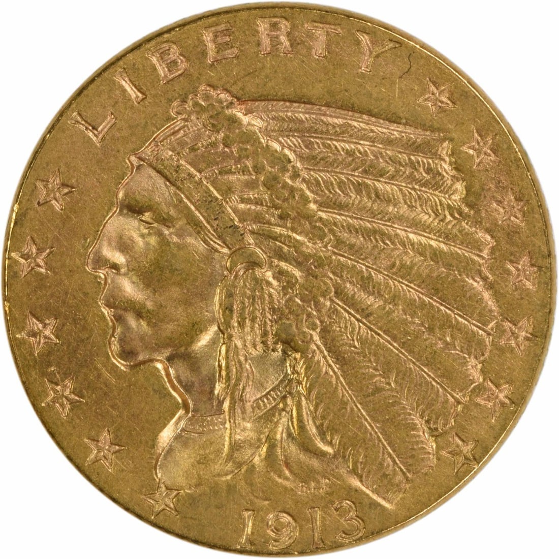 1913 $2.50 Gold Indian Coin AU Uncertified Philadelphia Mint: 1913 $2.50 Gold Indian Coin AU Uncertified Philadelphia Mint This 1913 $2.50 Gold Indian coin is a remarkable piece from the pre-1933 era, showcasing the intricate design by Bela Lyon Pratt. The coin 