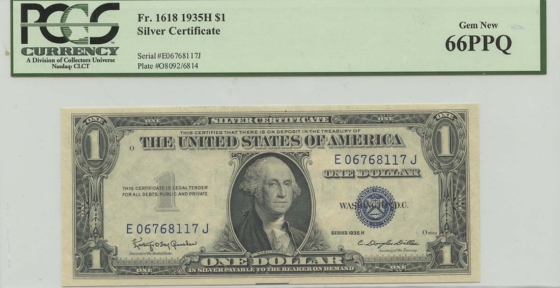 1935H $1 Silver Certificate FR#1618 PCGS 66 Gem Uncirculated: 1935H $1 Silver Certificate FR#1618 PCGS 66 Gem Uncirculated This 1935H $1 Silver Certificate, designated as FR#1618, is an impressive piece graded by PCGS Currency with a Gem New PPQ (Premium Paper Q