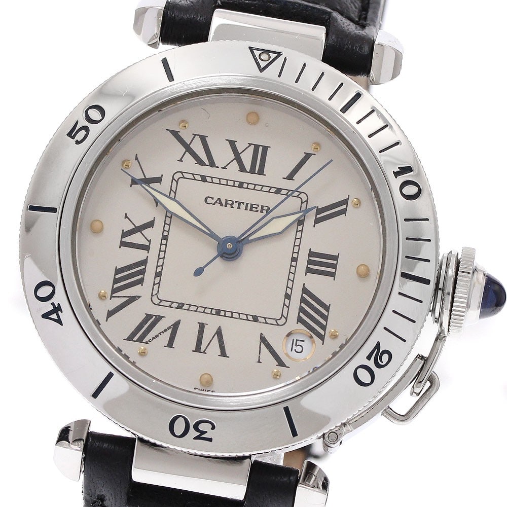 Cartier Pasha C Automatic Date Beige Dial Steel Leather Watch: Cartier Pasha C Automatic Date Beige Dial Steel Leather Watch This is a pre-owned Cartier Pasha C W3100255 wristwatch featuring an automatic movement and a date function. The watch has a beige dial an