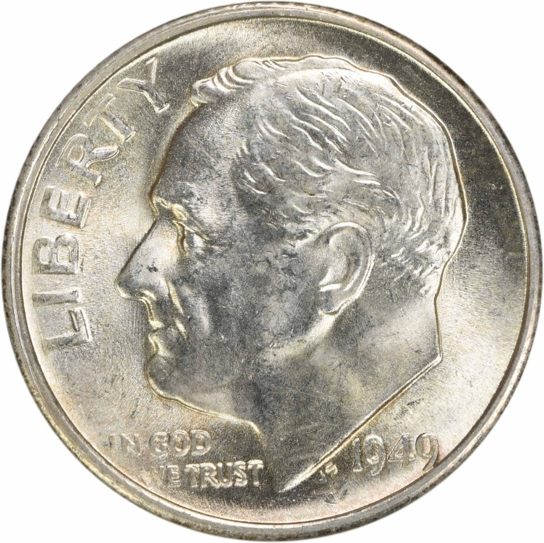 1949-S Silver Roosevelt 10C Choice BU Uncertified: 1949-S Silver Roosevelt 10C Choice BU Uncertified This is a 1949 Roosevelt silver dime from the United States, featuring an uncirculated condition with a Choice BU+ grade. The coin is uncertified and 