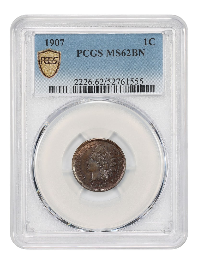1907 Indian Cent PCGS MS62BN 1C: 1907 Indian Cent PCGS MS62BN 1C This 1907 Indian Cent features a brown (BN) color designation and is certified uncirculated by PCGS, graded MS62BN. Minted in Philadelphia, this pre-owned coin is a not