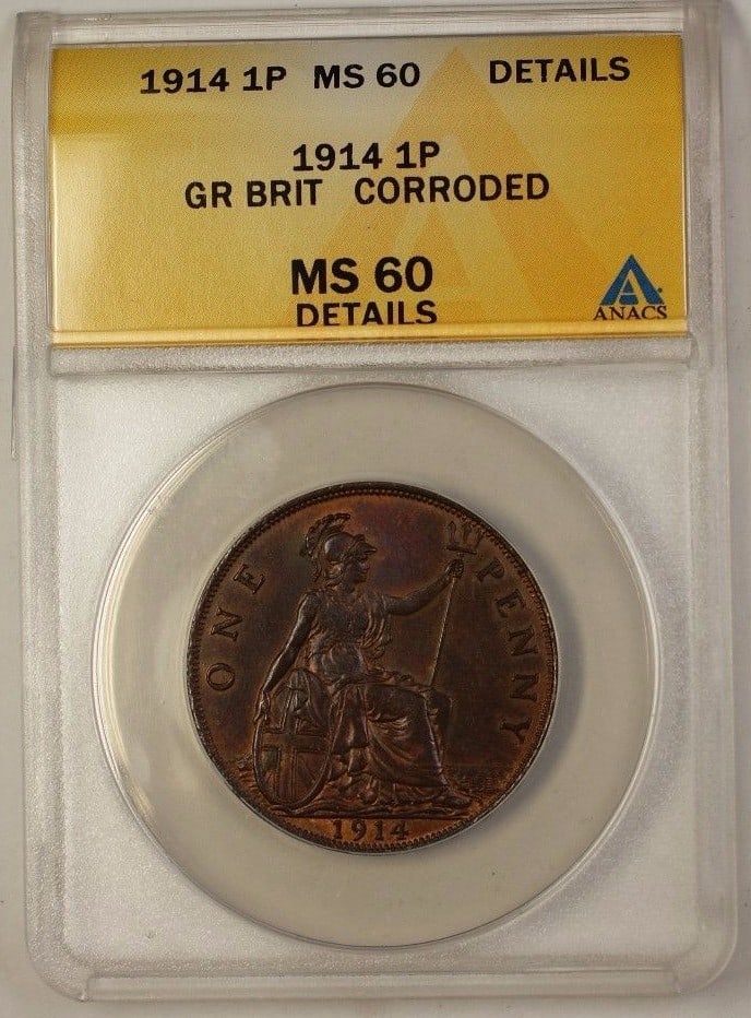 1914 Great Britain Penny Copper ANACS MS 60 Details KM 810: 1914 Great Britain Penny Copper ANACS MS 60 Details KM 810 This 1914 Great Britain One Penny coin is certified by ANACS with a grade of MS-60 Details, indicating it is in uncirculated condition but ex