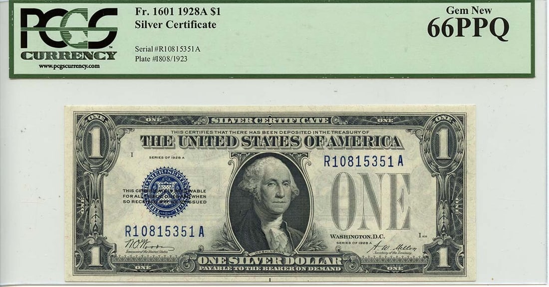 1928A $1 Silver Certificate Fr# 1601 RA Block PCGS Gem66 PPQ: 1928A $1 Silver Certificate Fr# 1601 RA Block PCGS Gem66 PPQ This 1928A $1 Silver Certificate, designated as Fr# 1601, is a remarkable piece of currency certified by PCGS with a grade of Gem66 PPQ. It