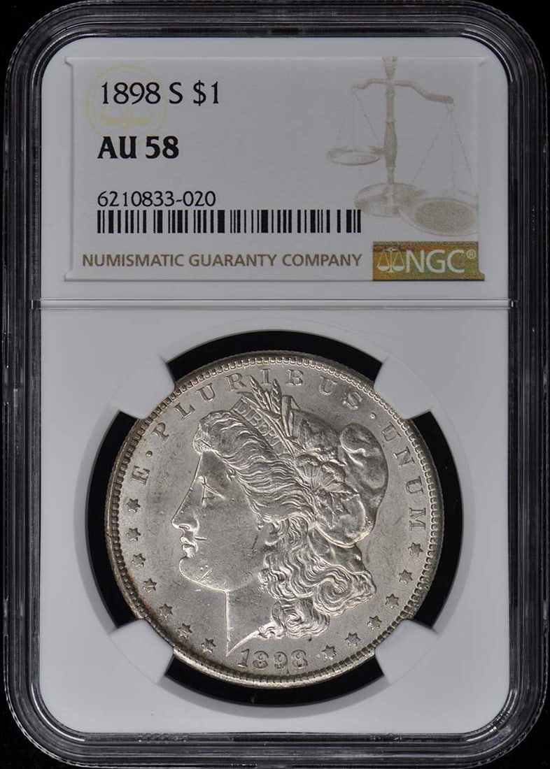 San Francisco Mint 1898-S Morgan Silver Dollar NGC AU58 Certified: San Francisco Mint 1898-S Morgan Silver Dollar NGC AU58 Certified This is an 1898-S Morgan Dollar graded AU58 by NGC. Struck at the San Francisco Mint, this circulated coin is a pre-owned example of t