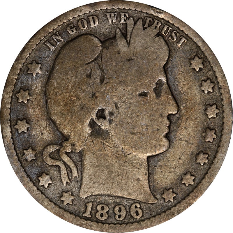 1896 O Silver Barber Quarter: 1896 O Silver Barber Quarter This is a 1896-O Barber Quarter from the United States. The coin is composed of silver with a fineness of 0.9 and features the "O" mint mark. It is a circulated piece and 