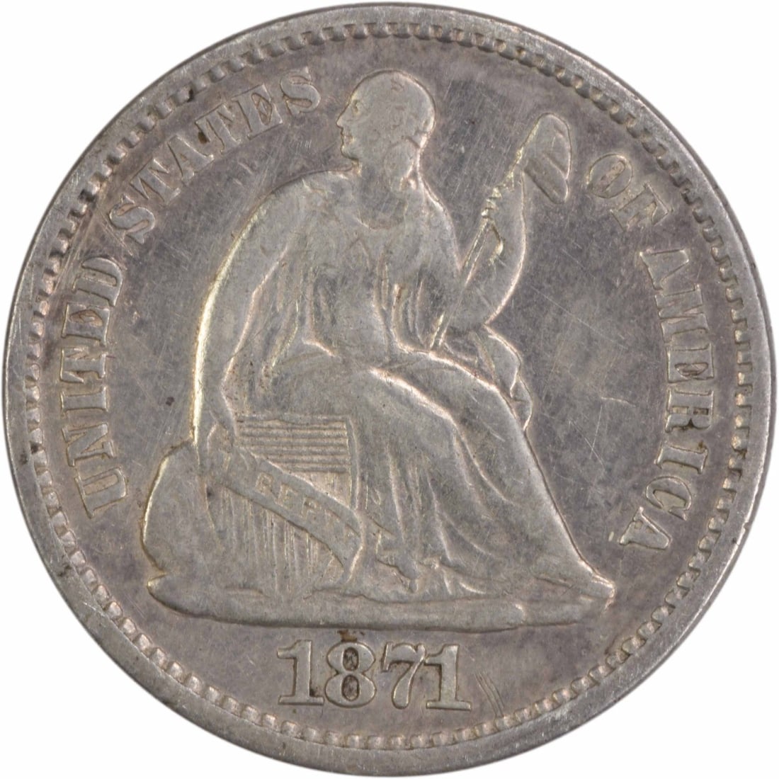 1871 Liberty Seated Half Dime 90% Silver Uncertified: 1871 Liberty Seated Half Dime 90% Silver Uncertified This 1871 Liberty Seated Silver Half Dime features a design by Christian Gobrecht and is a notable piece of numismatic history. Struck in Philadelp